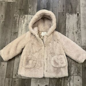 ZARA Kids Faux Fur Button Up Jacket Hooded Off White Girls 3-4 Years